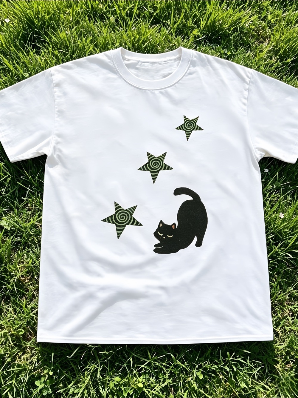 White T-shirt with black cat and star pattern,cute and simple cartoon aesthetic.